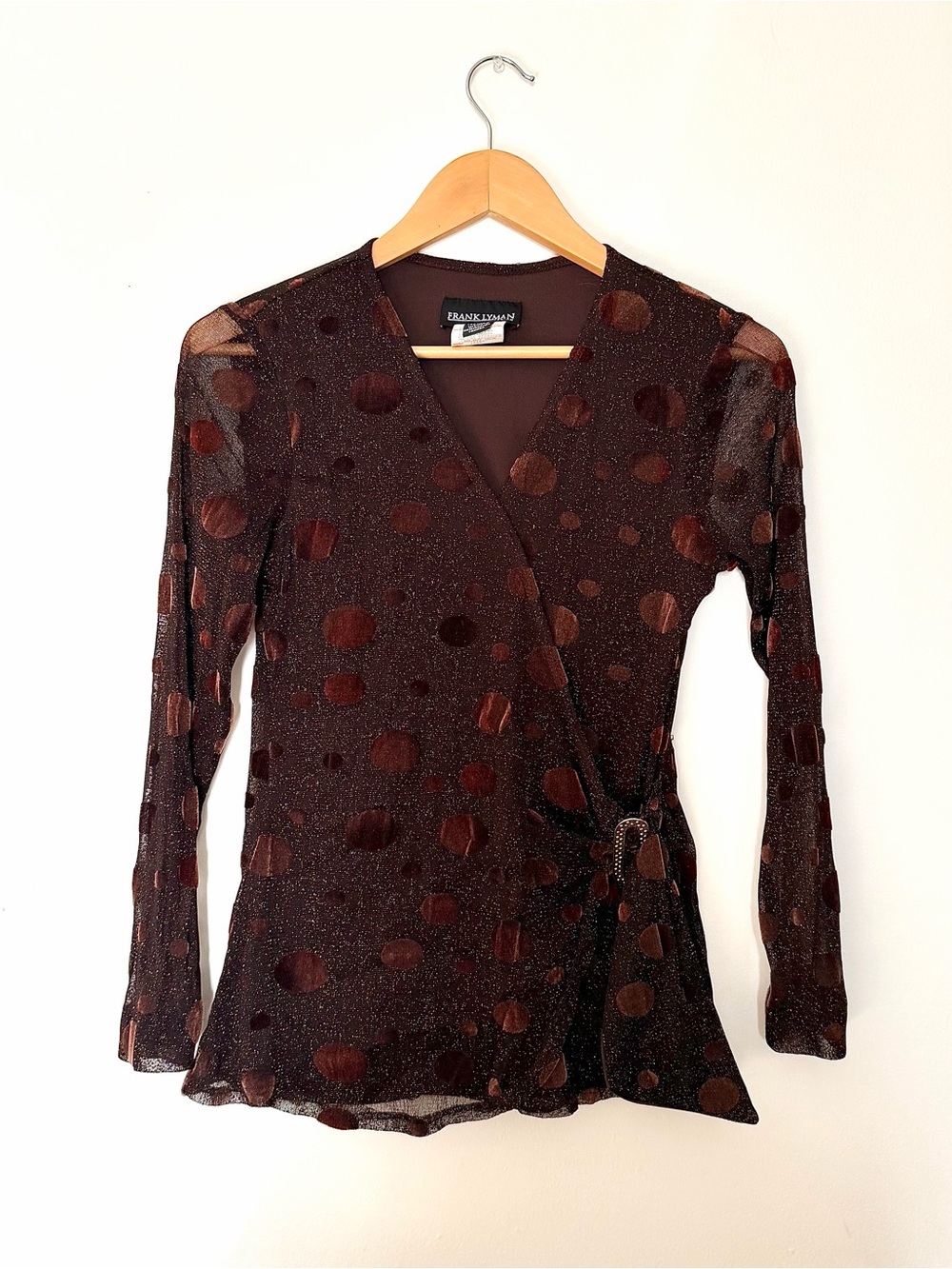 Vintage Metallic Chocolate Brown Polka Dot Sheer Sleeve Wrap Blouse